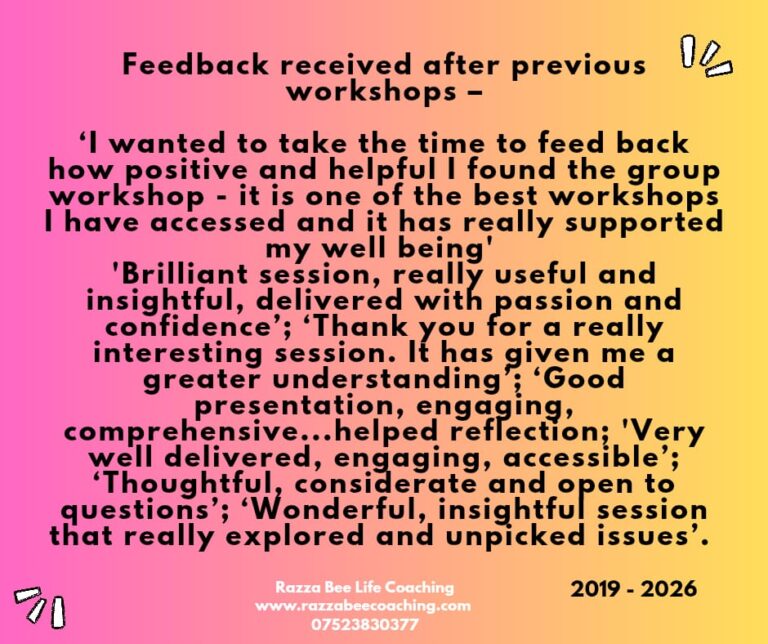 Razza Bee Life Coach feedback from Warwickshire workshop